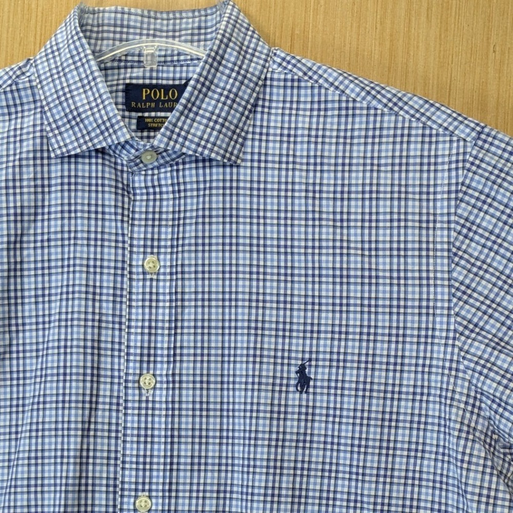 Polo Ralph Lauren Mens Blue White Gingham Stretch Cotton Button Down Shirt‎ LG